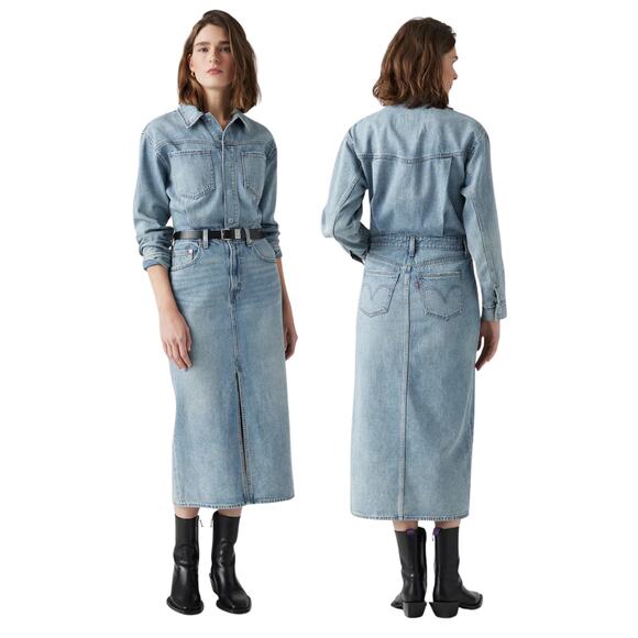 Levis Denim Midi Shirt Dress Long Sleeve Standard Fit Casual Classic Blue Sz 28 - Picture 1 of 14
